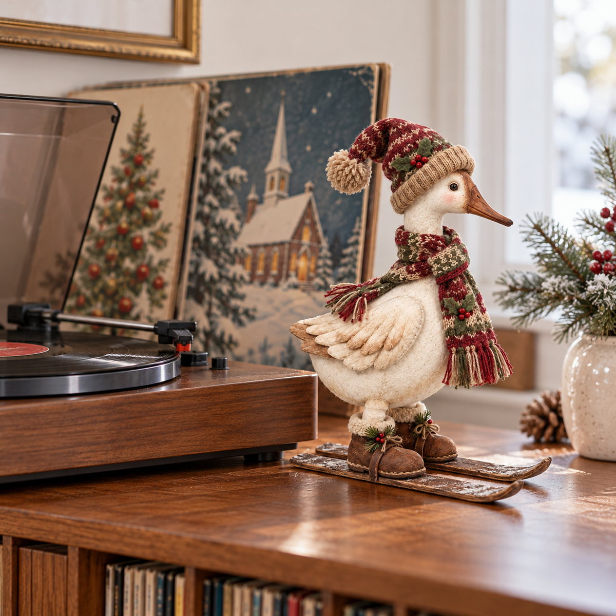 Christmas Skiing Goose beside vintage record player
