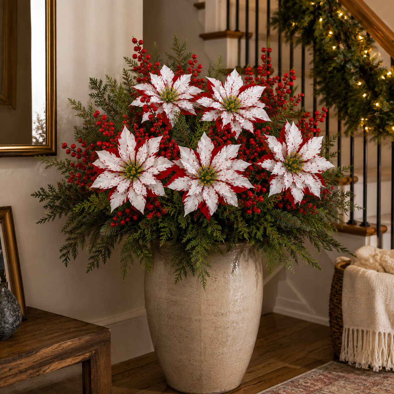 ❤️ Christmas Poinsettia Planter Inserts – Set of 6 Red & White Holiday Floral Picks