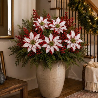 ❤️ Christmas Poinsettia Planter Inserts – Set of 6 Red & White Holiday Floral Picks