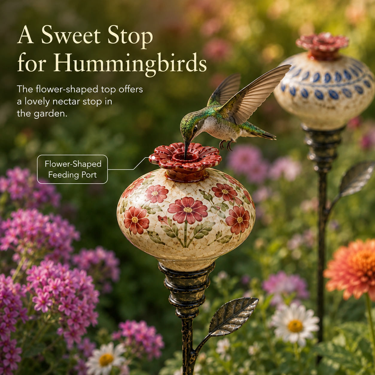 Vintage Hummingbird Feeder 🌺🐦 – Decorative Garden Pole