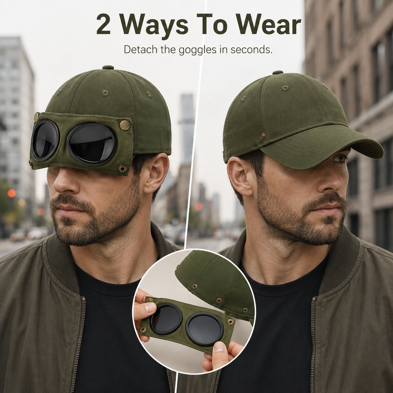 Detachable Goggle Pilot Baseball Cap Vintage Washed Cotton Hat for Street Fashion & Daily Outfit