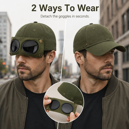 Detachable Goggle Pilot Baseball Cap Vintage Washed Cotton Hat for Street Fashion & Daily Outfit