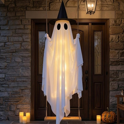 👻 Hanging Ghost Swing - Outdoor Halloween Decoration String of Remote-Controlled Lights