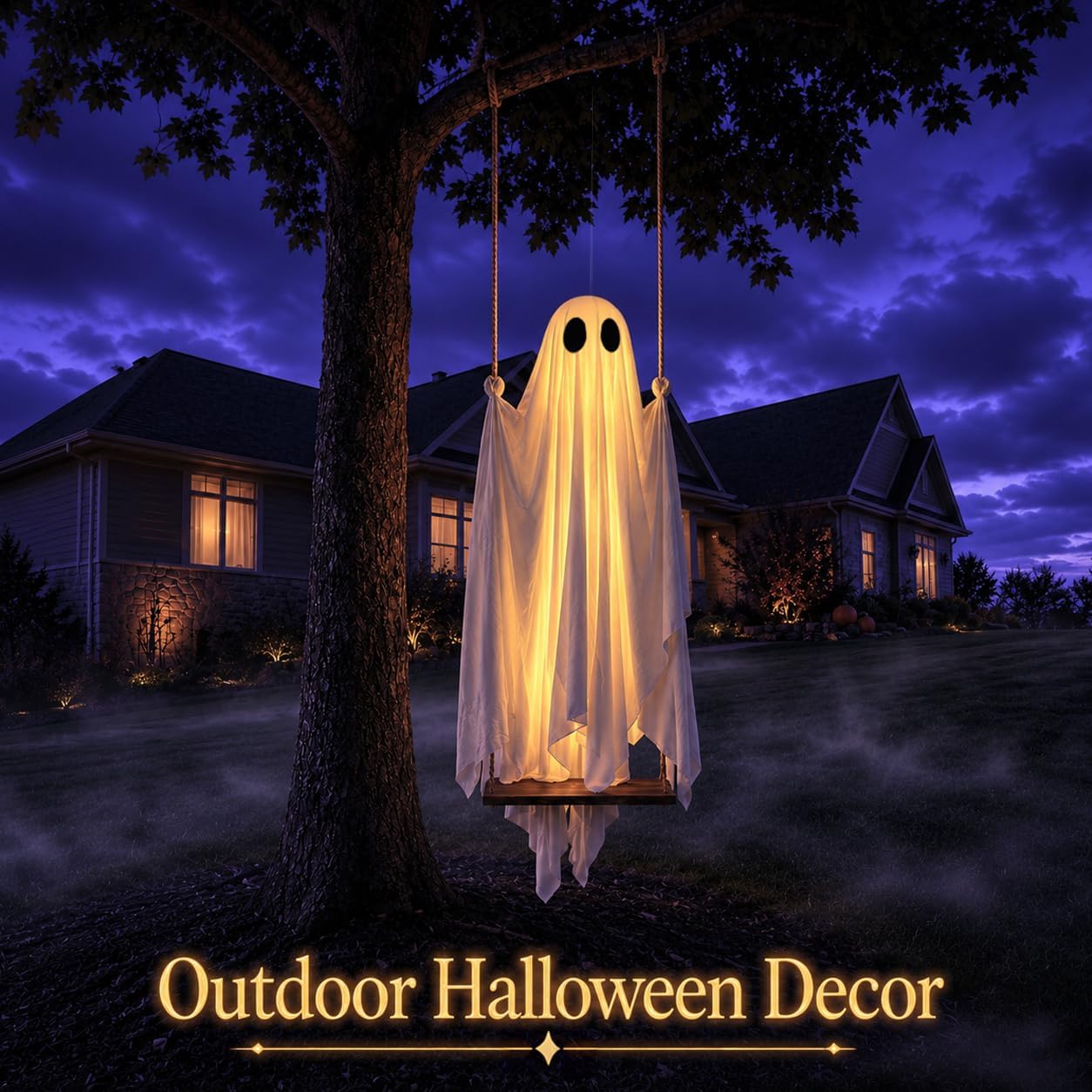 👻 Hanging Ghost Swing - Outdoor Halloween Decoration String of Remote-Controlled Lights