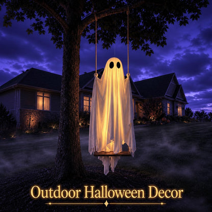 👻 Hanging Ghost Swing - Outdoor Halloween Decoration String of Remote-Controlled Lights