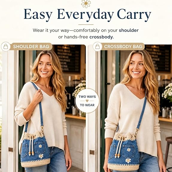 Handmade Denim Crochet Bucket Bag – Daisy-Embroidered Drawstring Crossbody Bag