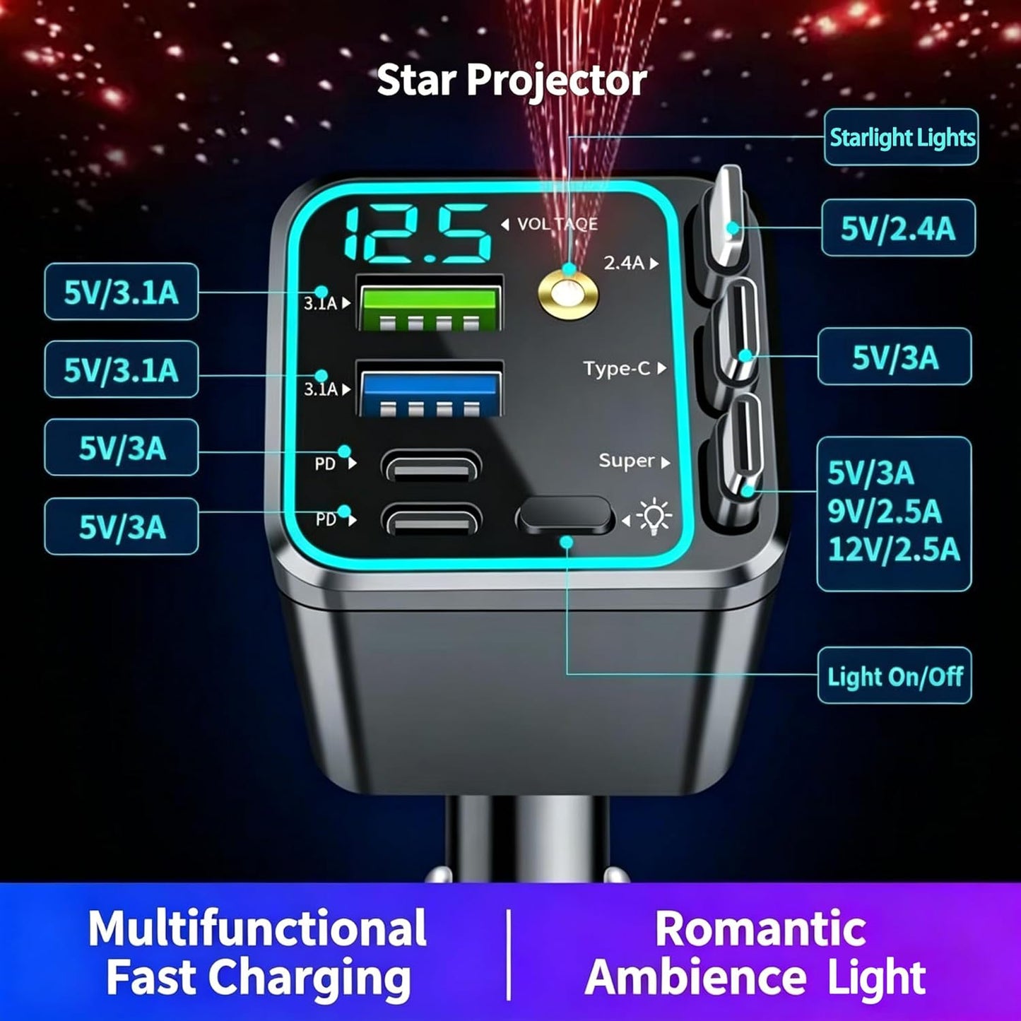 🚗 7-in-1 Retractable Fast Car Charger with Voltage Display – USB-C, Fast Charging & Essential for Daily Use 📱