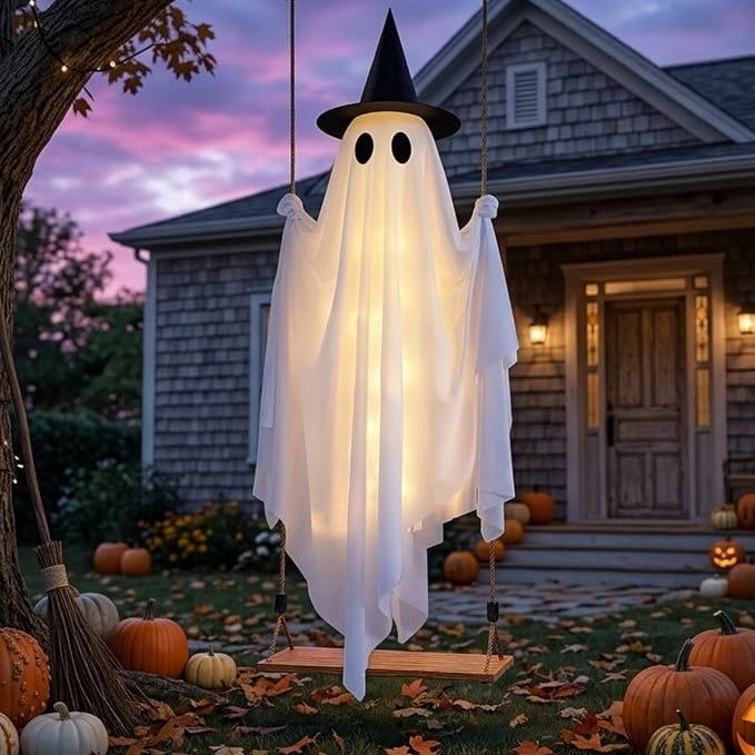 👻 Hanging Ghost Swing - Outdoor Halloween Decoration String of Remote-Controlled Lights