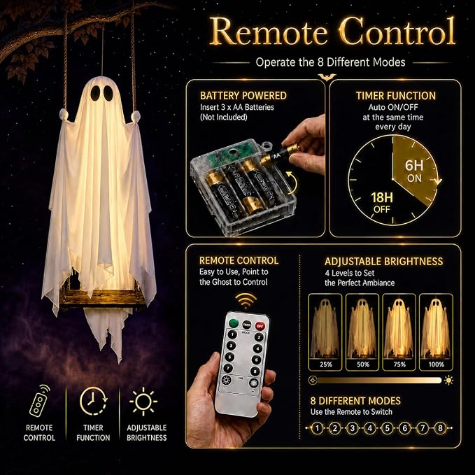 👻 Hanging Ghost Swing - Outdoor Halloween Decoration String of Remote-Controlled Lights
