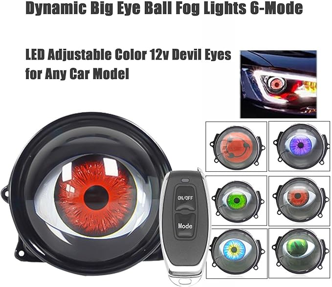Dynamic Big Eye Ball Fog Lights, LED Adjustable Color 12v Devil Eyes with Lens Light Up Big Eyeball Lights for Car for Any Car Model