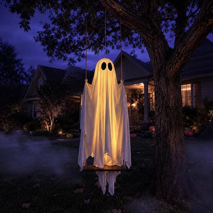 👻 Hanging Ghost Swing - Outdoor Halloween Decoration String of Remote-Controlled Lights