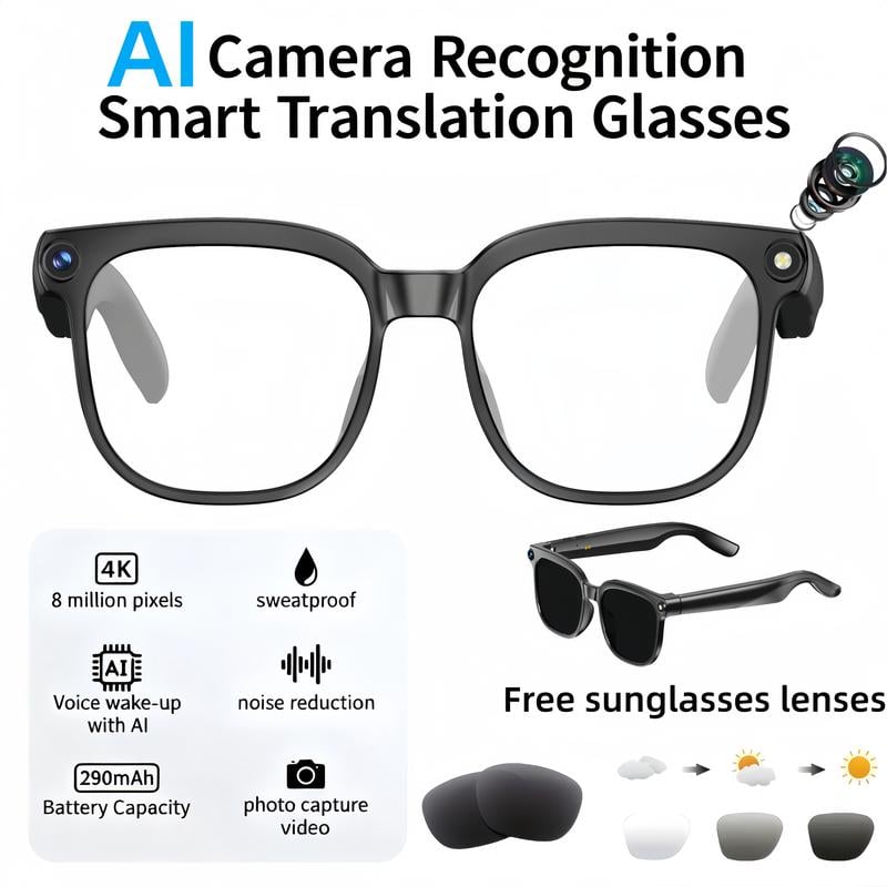 Smart AI Translation Camera Bluetooth Glasses—8 MP Pixels, 160+ Languages, Real-Time Translation