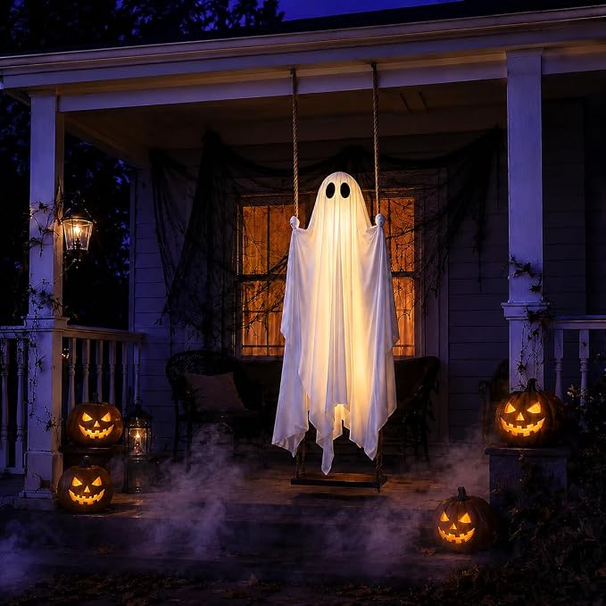 👻 Hanging Ghost Swing - Outdoor Halloween Decoration String of Remote-Controlled Lights