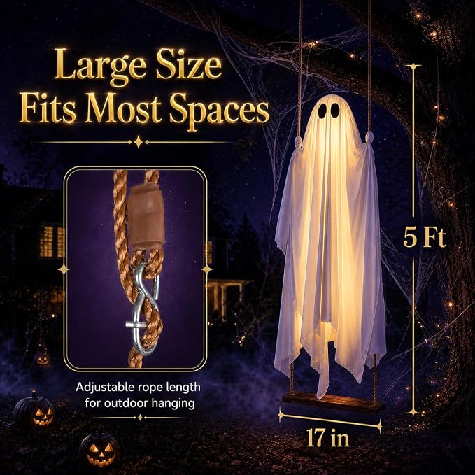 👻 Hanging Ghost Swing - Outdoor Halloween Decoration String of Remote-Controlled Lights