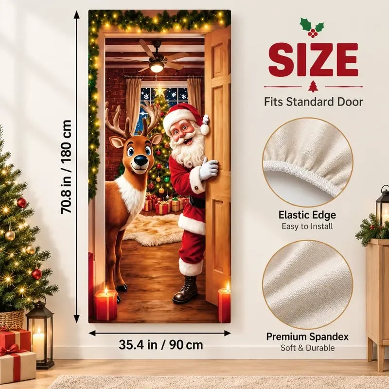 Santa Christmas Door Cover with Elastic Edges | Reusable Holiday Decor