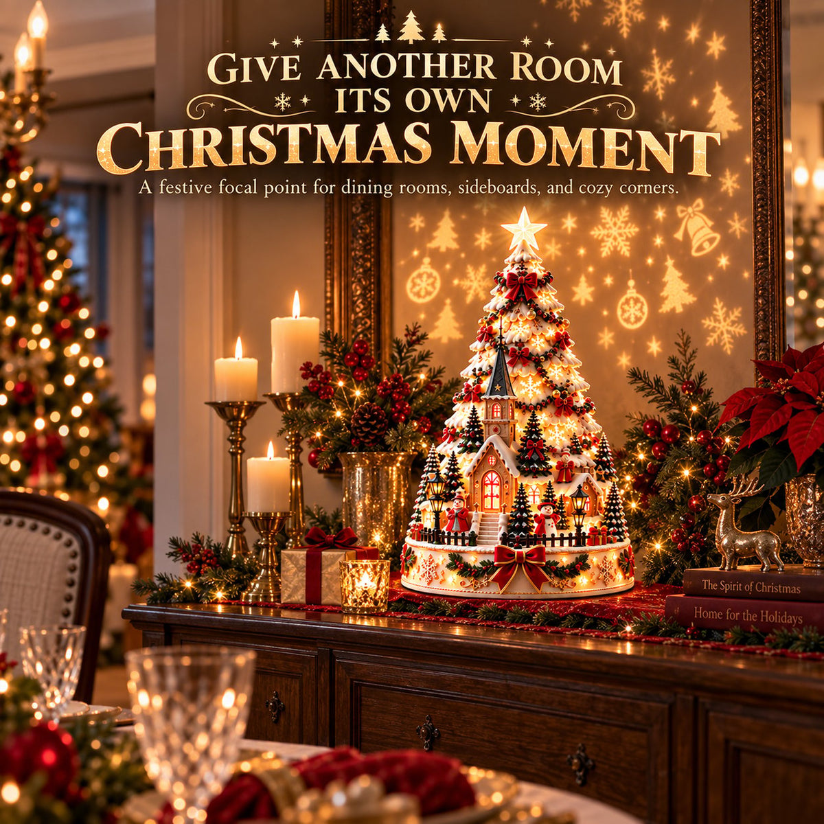 Christmas Village Lightscape Tree on dining room sideboard