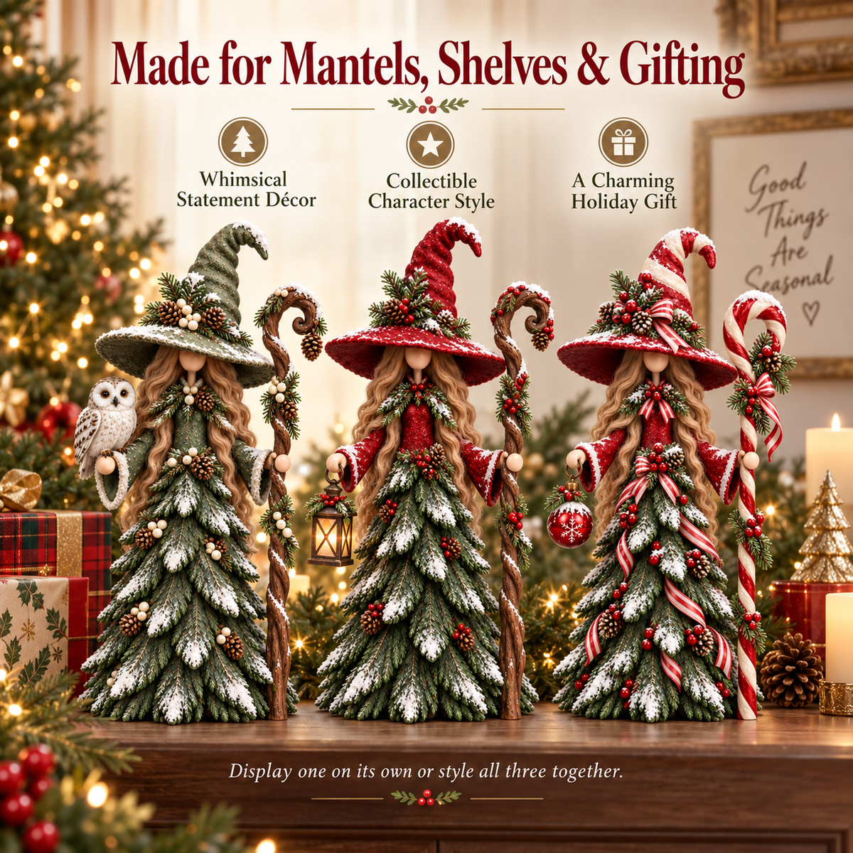 Three Christmas witch figurines for mantels shelves and gifting