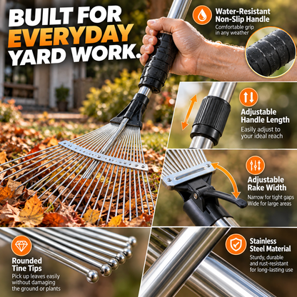 🔥Limited Time 50% OFF🍁 Reach Every Corner – Adjustable Telescopic Leaf Rake with 9 Steel Tines