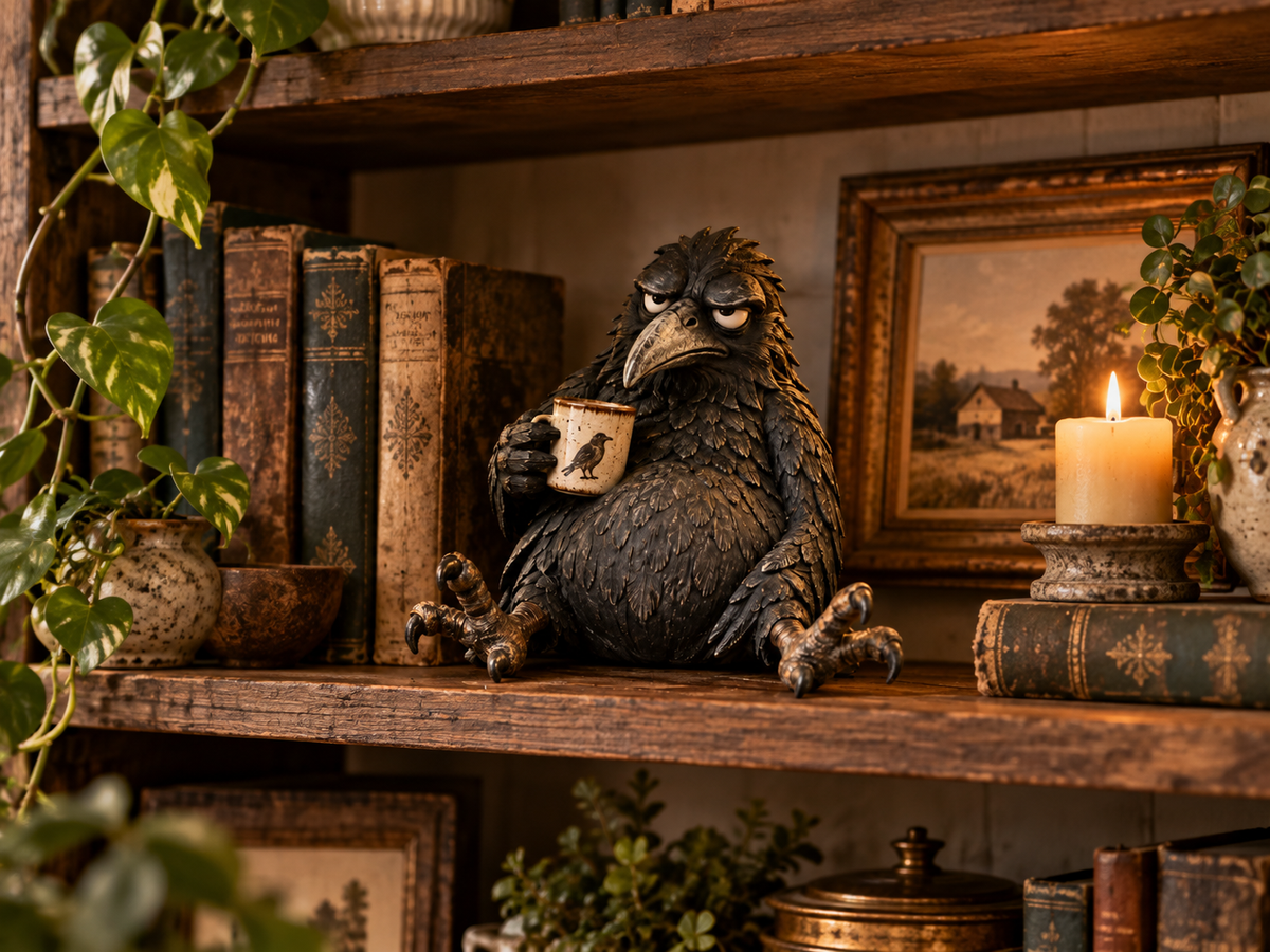 Raven figurine displayed on vintage bookshelf