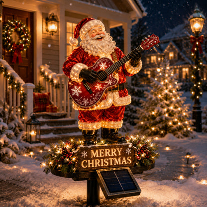Solar-powered light-up guitar Santa Christmas yard decoration