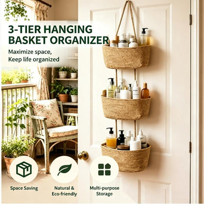 🔥HOT SALE🔥🧺Woven cotton 3-Tier Over the Door Basket, Wall-Mounted Jute Storage Organizer