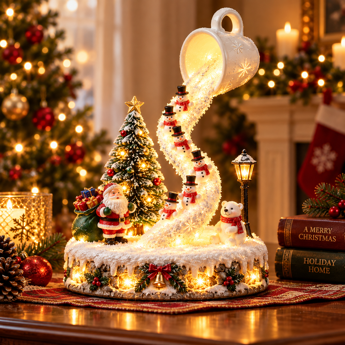 Snowmen's Magical Snowfall Mug displayed in a warmly decorated Christmas living room