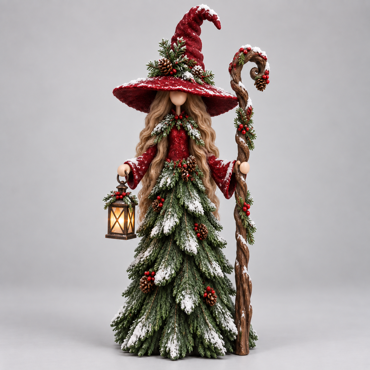 Lantern Keeper red Christmas witch holding glowing lantern