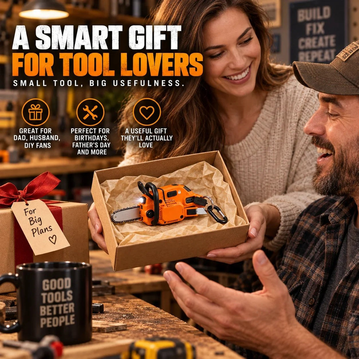 🪚 Mini Chainsaw Keychain Multi-Tool – Rechargeable LED Flashlight & Retractable Utility Cutter