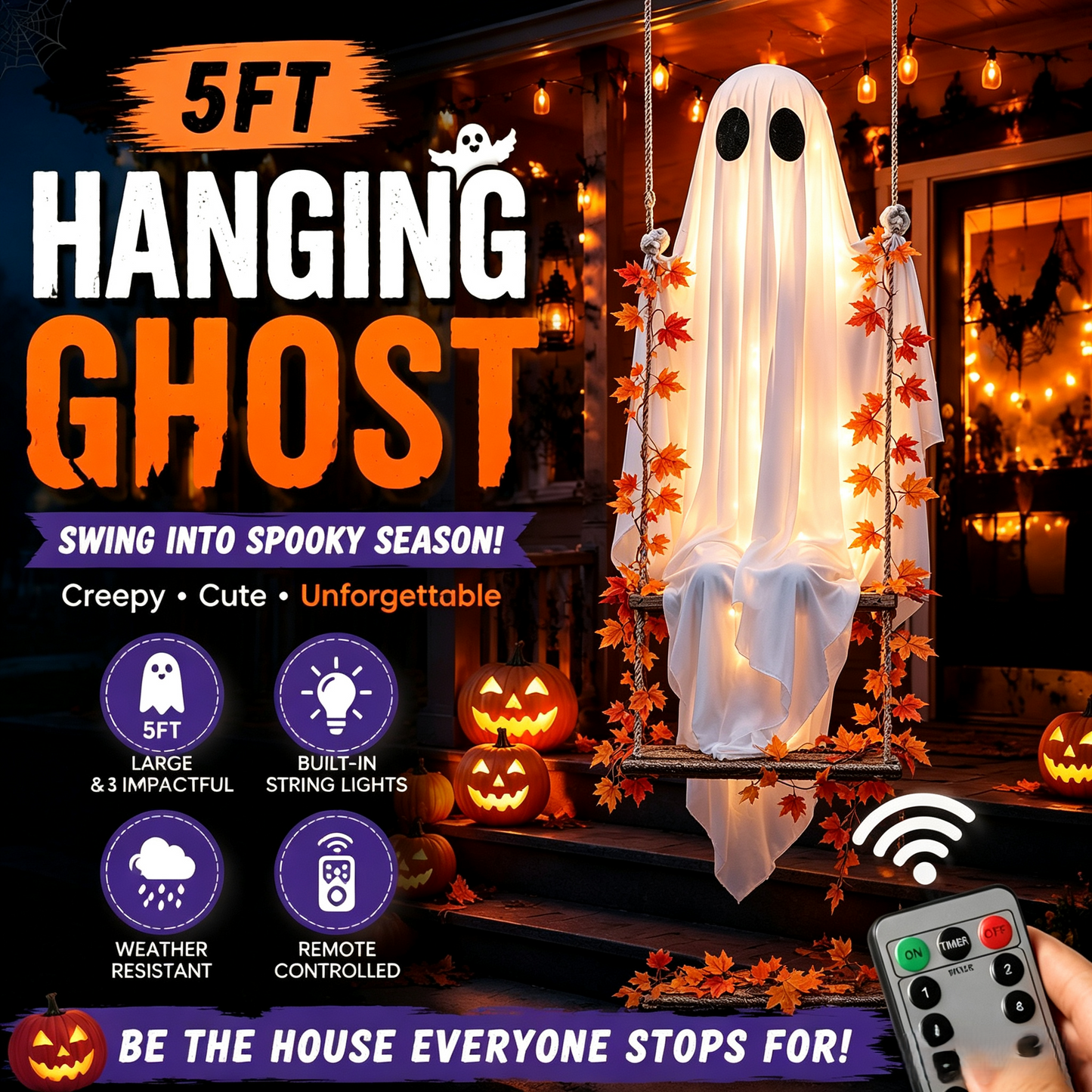 🔥Limited-time 50% Off👻✨LED Hanging Ghost Swing Decoration, 5FT Remote Controlled Halloween Outdoor Hanging Decor🎃