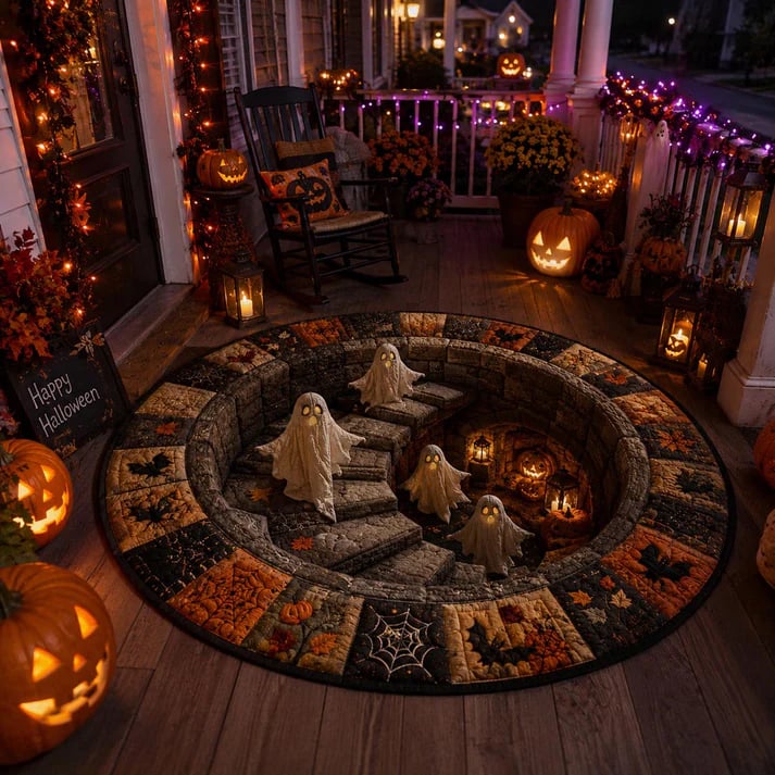 🔥 3D Skeleton Vortex Quilted Round Rug – Spooky Halloween Optical Illusion 👻