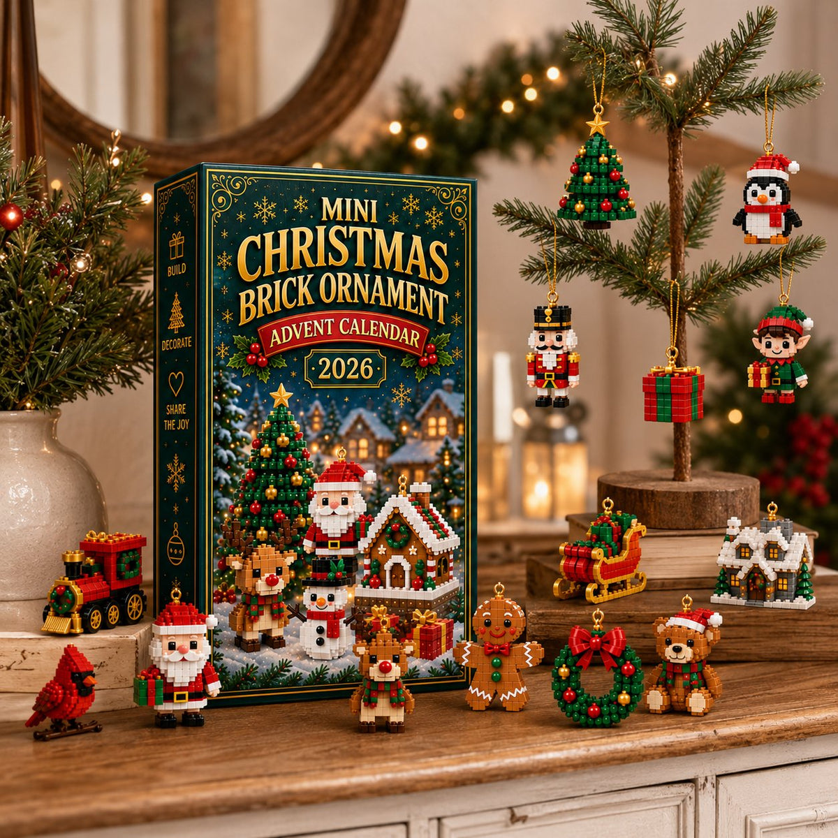 Mini Christmas brick ornaments on tabletop tree and holiday display
