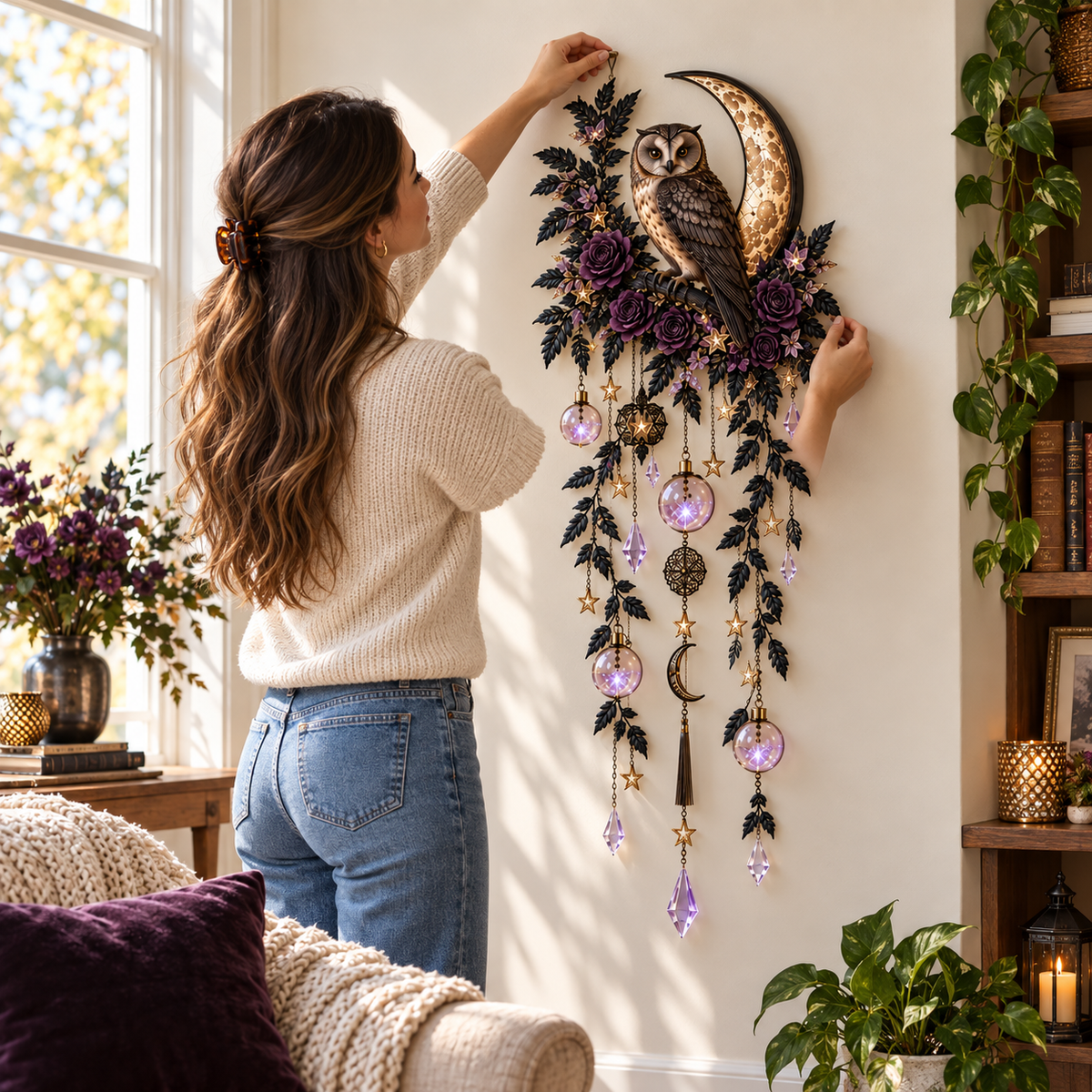 Woman placing owl moon decor on the wall