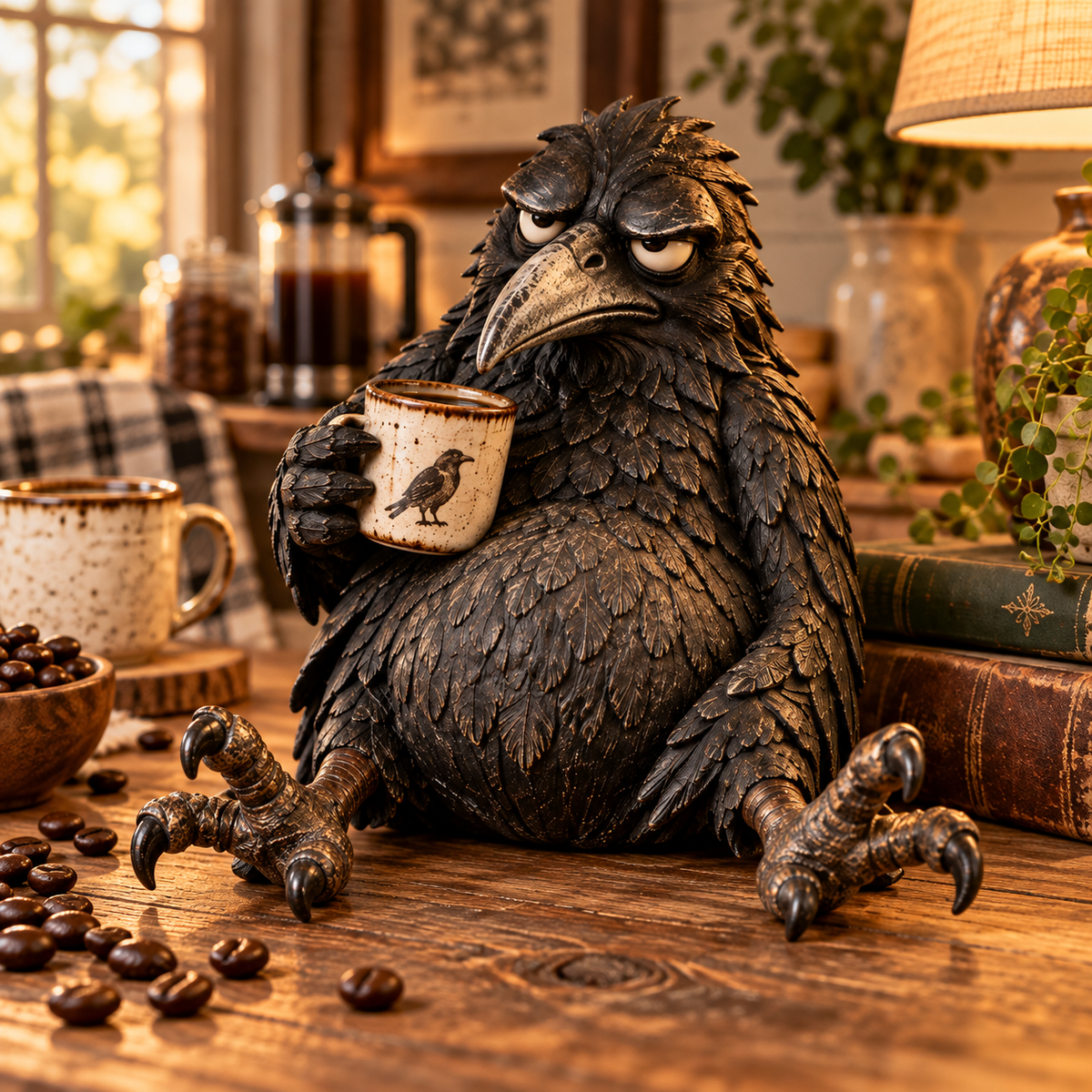 Grumpy raven coffee figurine