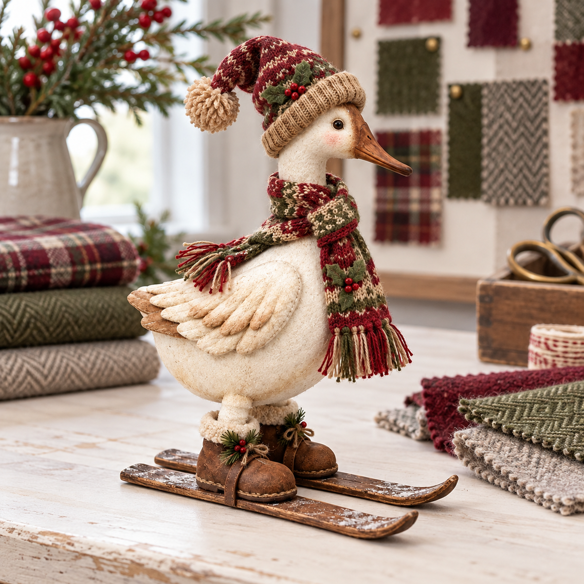 Close view of Vintage Christmas Skiing Goose details