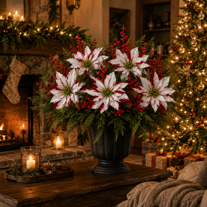 ❤️ Christmas Poinsettia Planter Inserts – Set of 6 Red & White Holiday Floral Picks