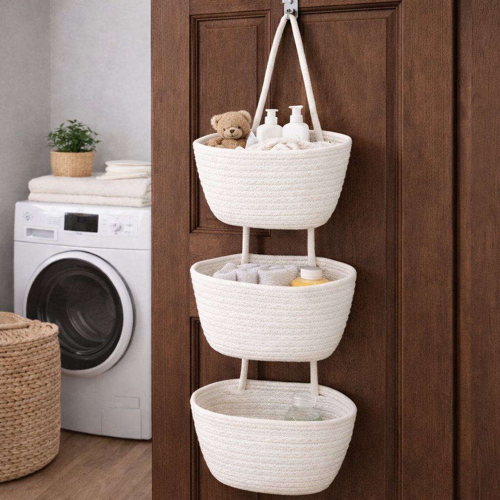 🔥HOT SALE🔥🧺Woven cotton 3-Tier Over the Door Basket, Wall-Mounted Jute Storage Organizer