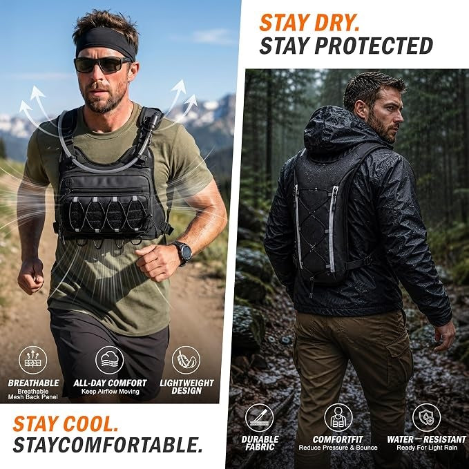 Lightweight men's hydration vest with hydration bladder, suitable for any outdoor activity.