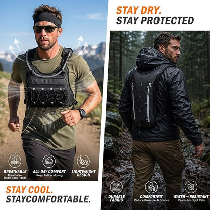 Lightweight men's hydration vest with hydration bladder, suitable for any outdoor activity.