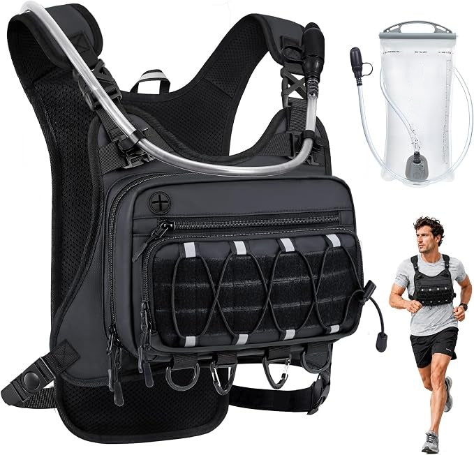 Lightweight men's hydration vest with hydration bladder, suitable for any outdoor activity.