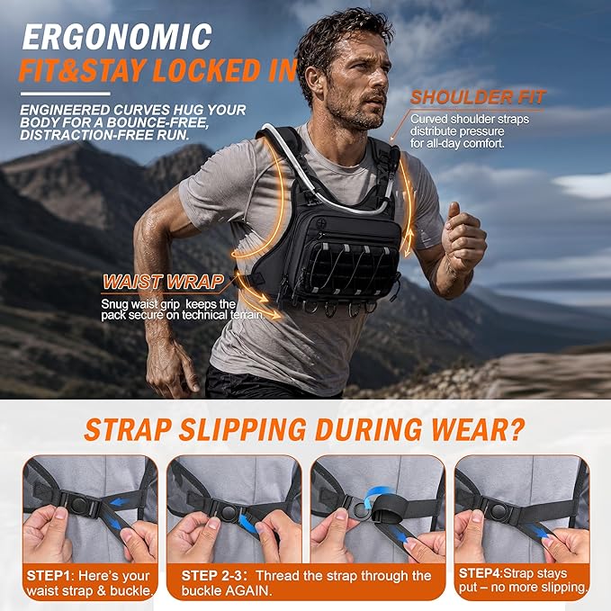 Lightweight men's hydration vest with hydration bladder, suitable for any outdoor activity.