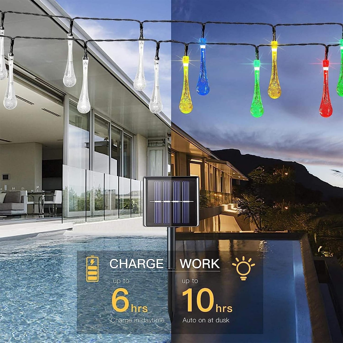 Solar Water Drop String Lights – 8 Modes, IP44 Waterproof Outdoor Lights