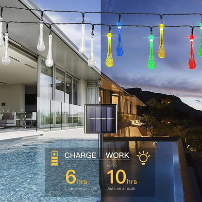 Solar Water Drop String Lights – 8 Modes, IP44 Waterproof Outdoor Lights