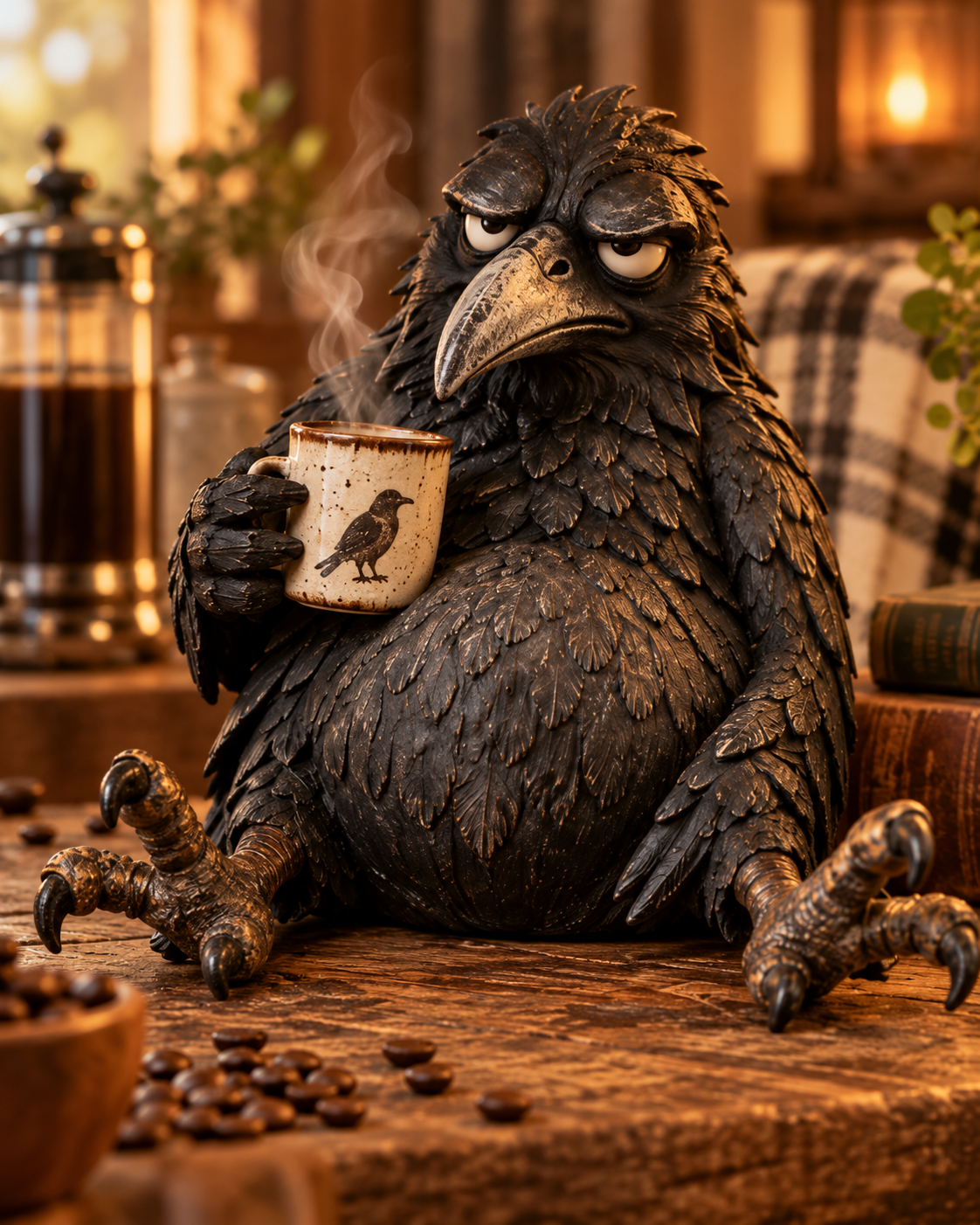 Grumpy raven holding coffee mug