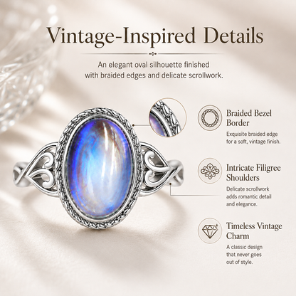 Vintage Rainbow Moonstone Ring – Oval Cabochon Filigree Jewelry for Women