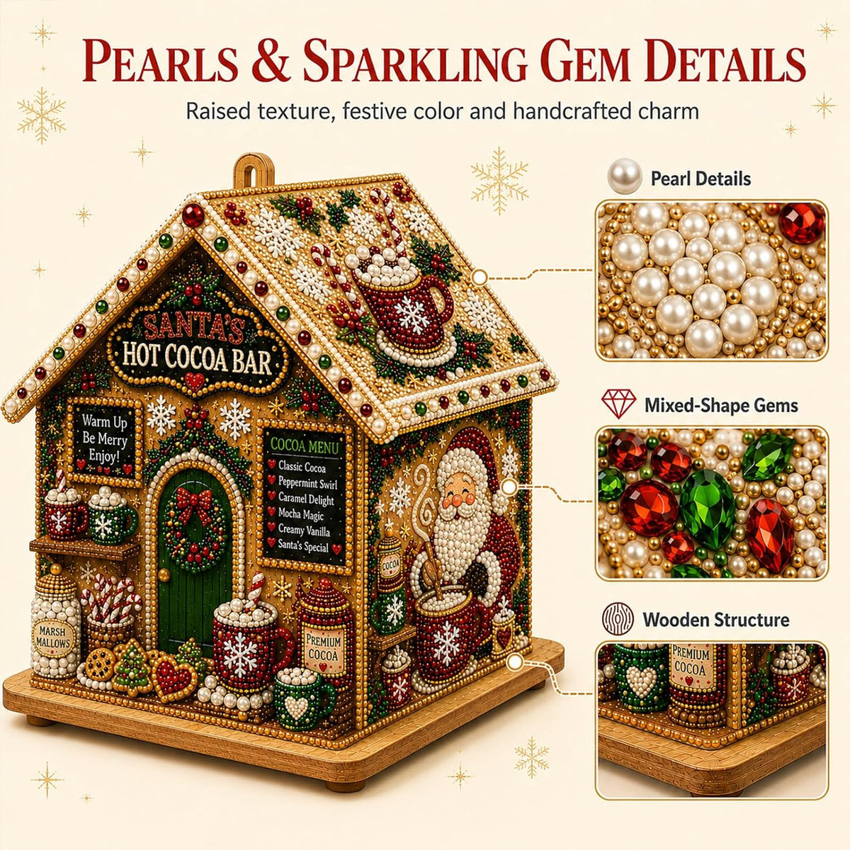 Detailed product image highlighting pearl embellishments, faceted colorful gems and the wooden structure of the Christmas diamond painting cottage