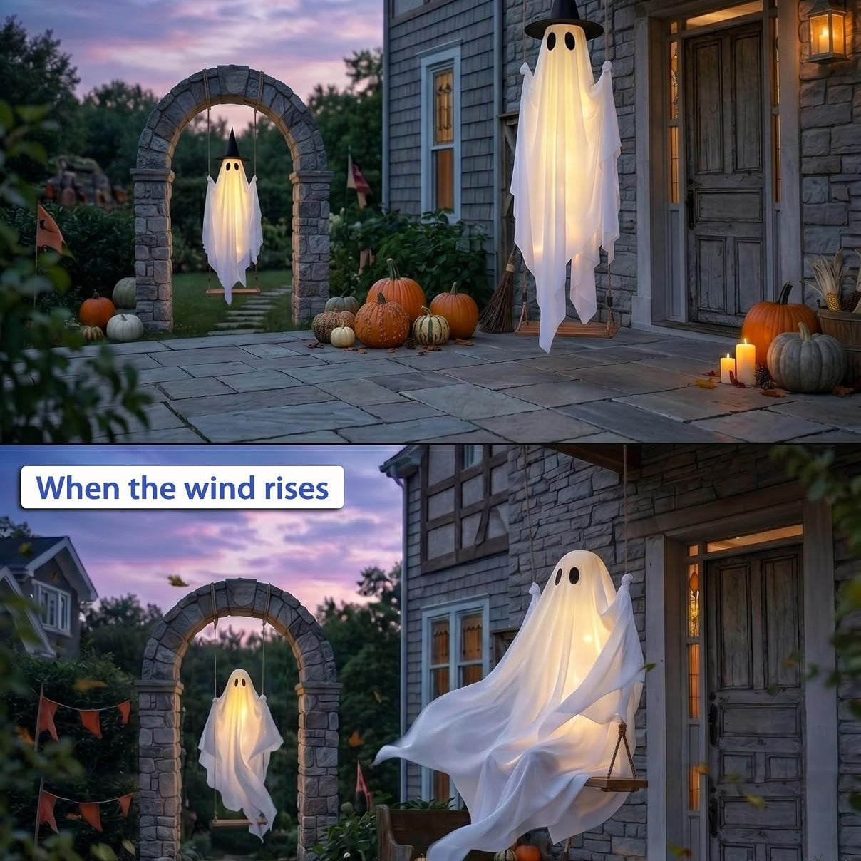 👻 Hanging Ghost Swing - Outdoor Halloween Decoration String of Remote-Controlled Lights