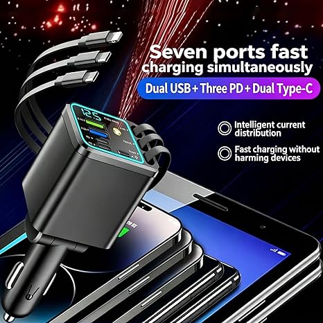🚗 7-in-1 Retractable Fast Car Charger with Voltage Display – USB-C, Fast Charging & Essential for Daily Use 📱