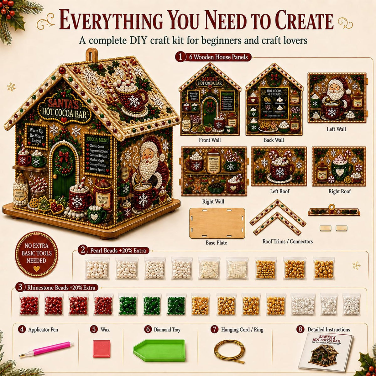 Illustrated Christmas house diamond painting kit contents including wooden house panels, base plate, pearl beads, colorful rhinestones, applicator pen, wax, tray, hanging cord and instructions