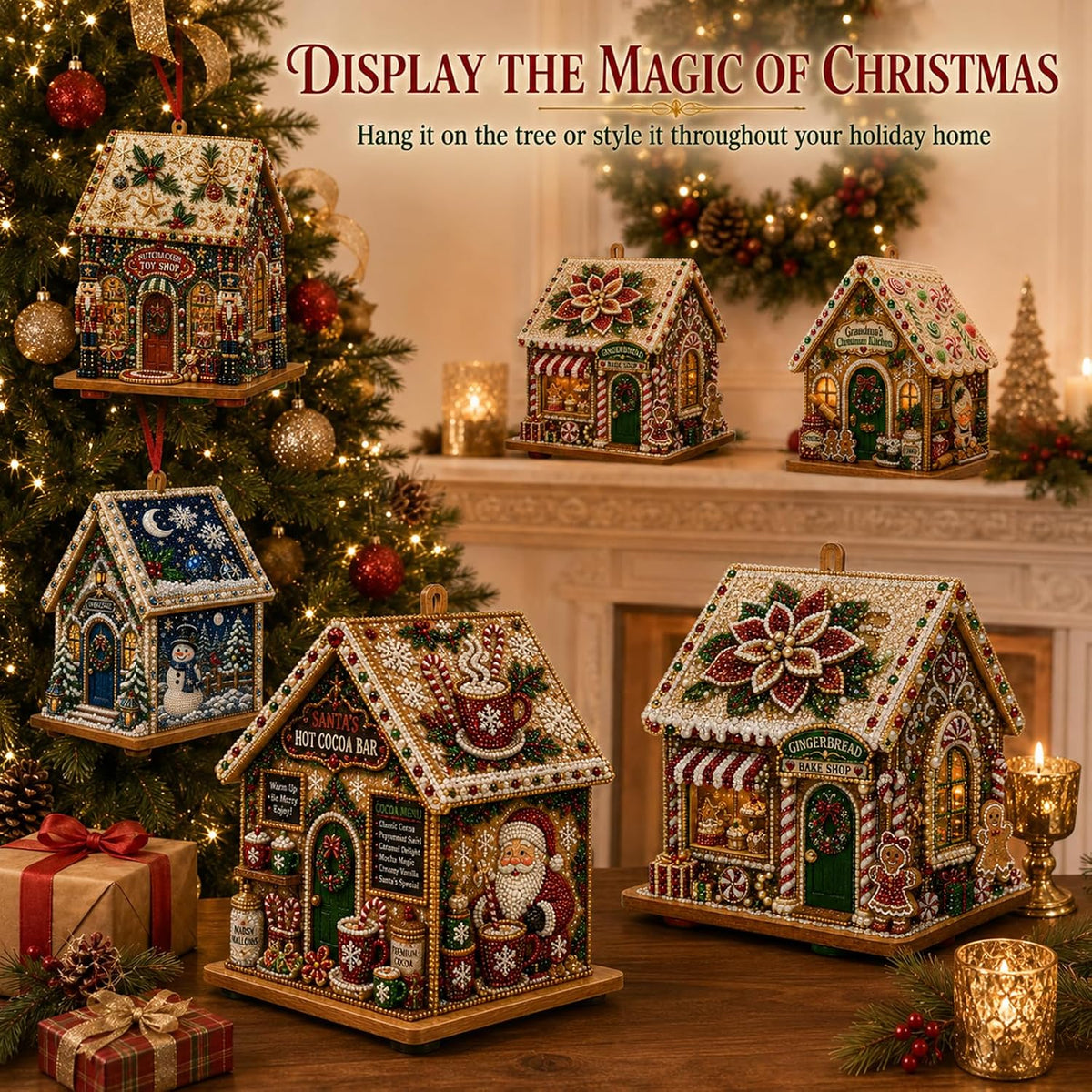 Different styles of completed 3D diamond painting Christmas houses displayed on a festive Christmas tree, tabletop and fireplace mantel
