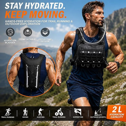 Lightweight men's hydration vest with hydration bladder, suitable for any outdoor activity.